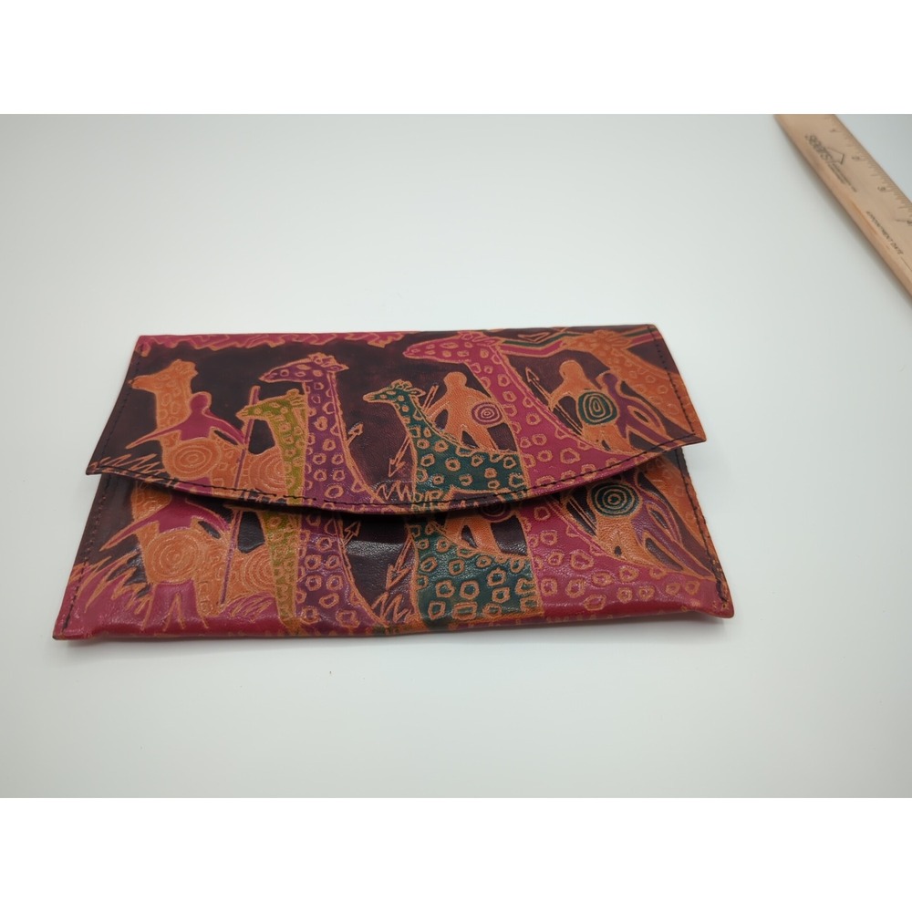 Vintage Embossed Leather Giraffe Tribal Safari Envelope Clutch Wallet Burgundy